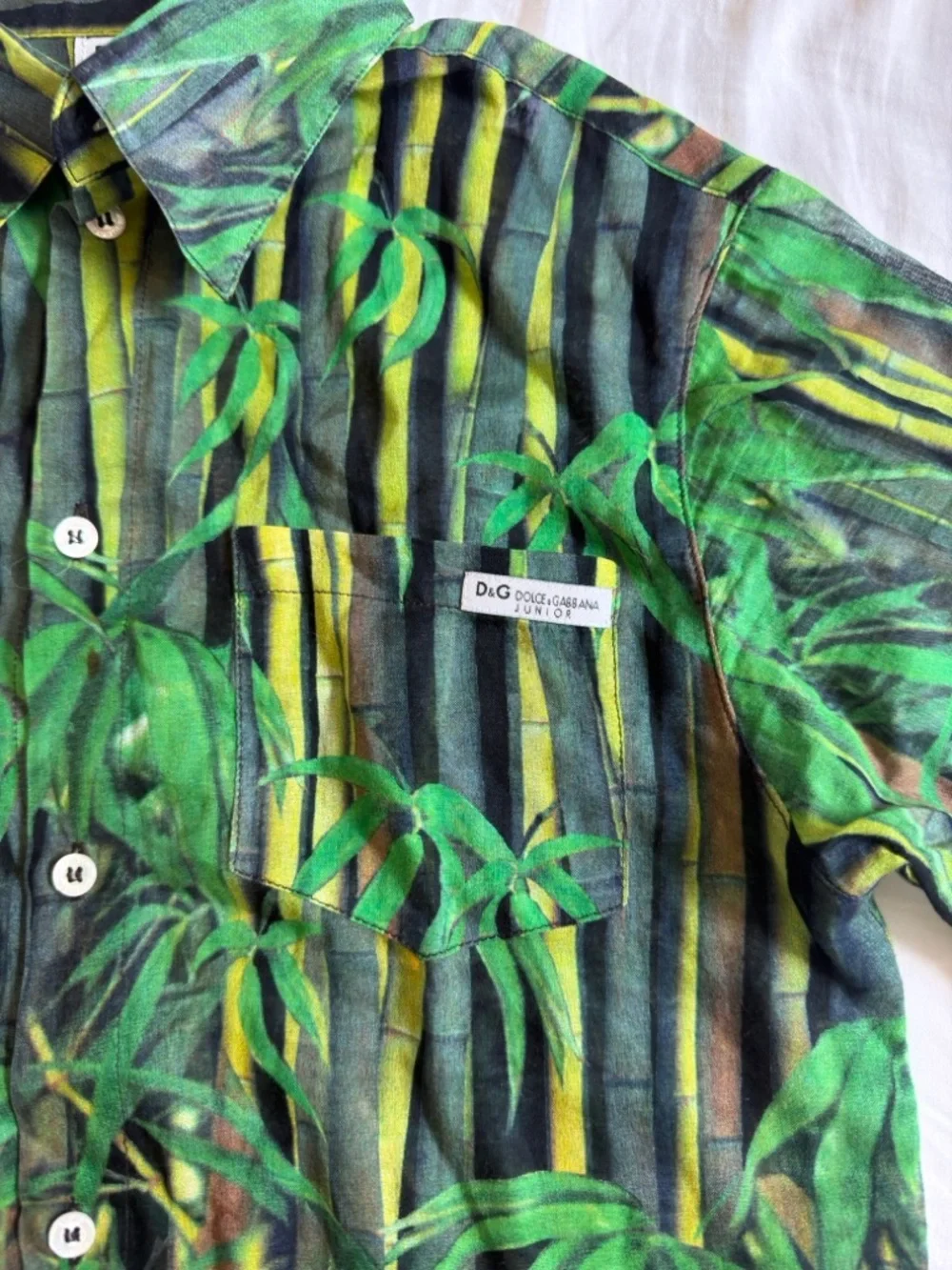 Dolce & Gabbana Bamboo Print Button Down Shirt Green Cotton Collared Boys 10 D&G